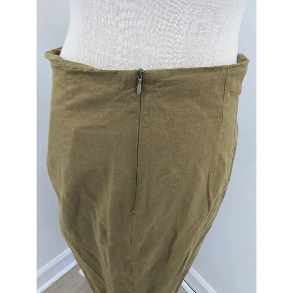 Zara Linen Cotton Blend Slit Faux Button Olive Green Straight Midi Long Skirt M - Picture 8 of 13